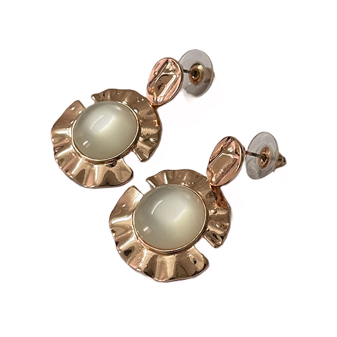 Circular White Moonstone Rose Gold-Toned Hammered Drop Earrings