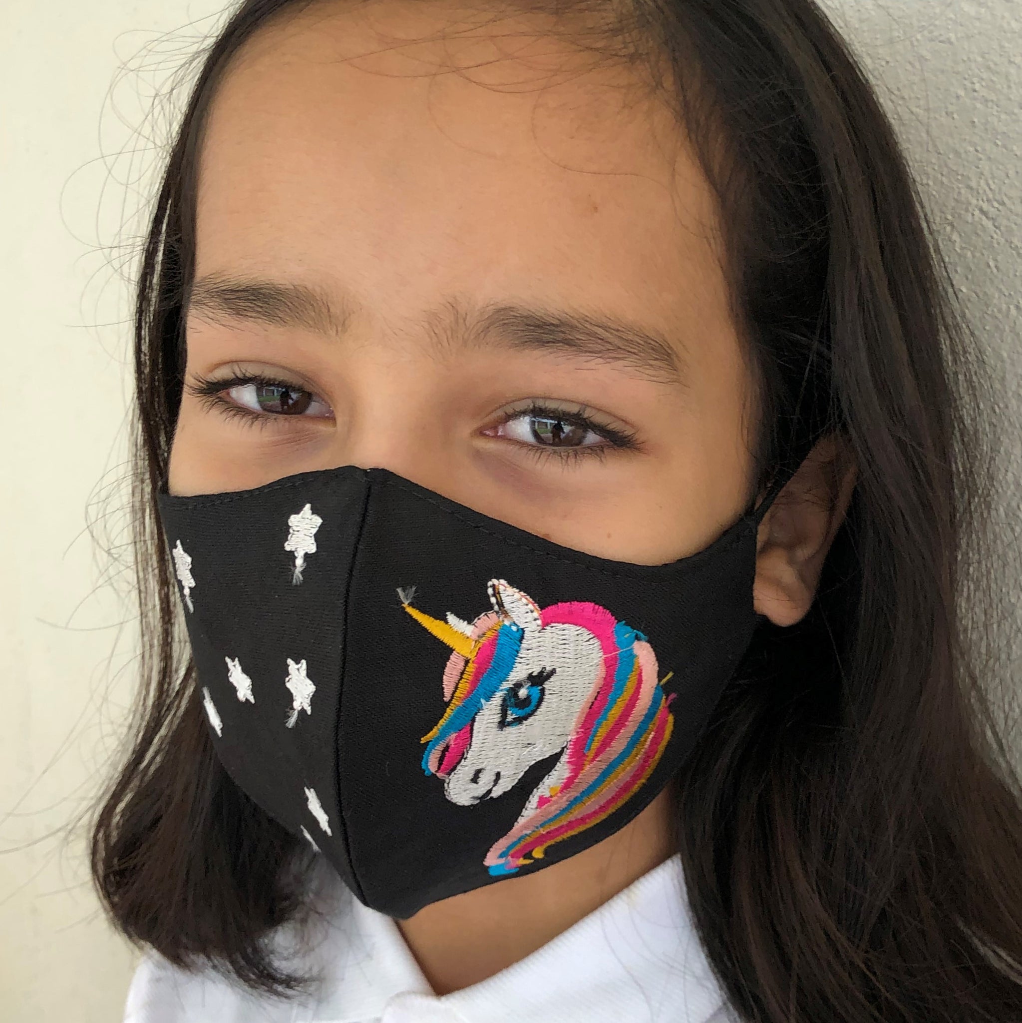 MULTICOLOR UNICORN & STARS EMBROIDERED BLACK CLOTH MASK