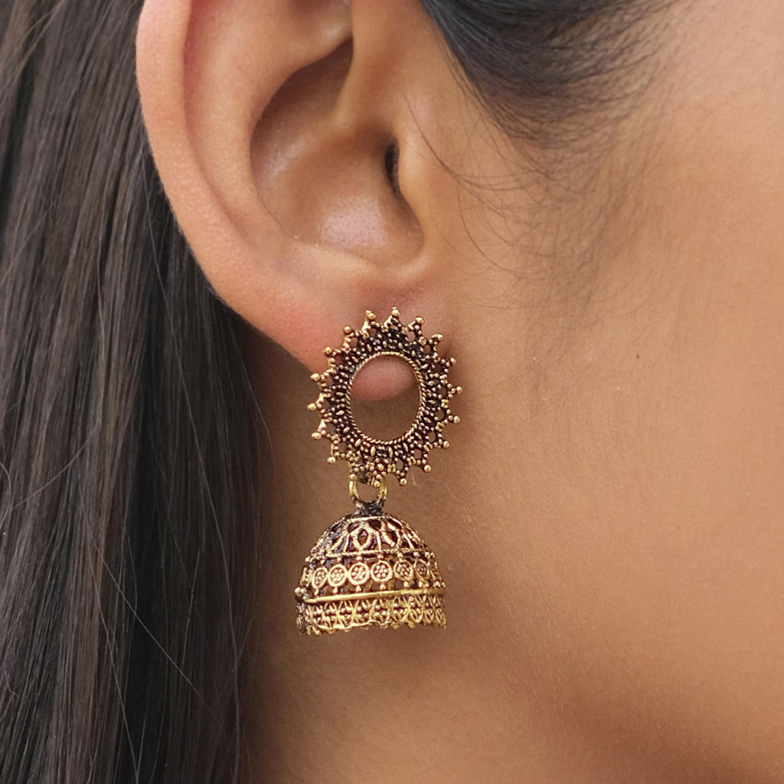 Set Of Two Oxidized Silver & Gold Toned Jhumka Drop Earrings